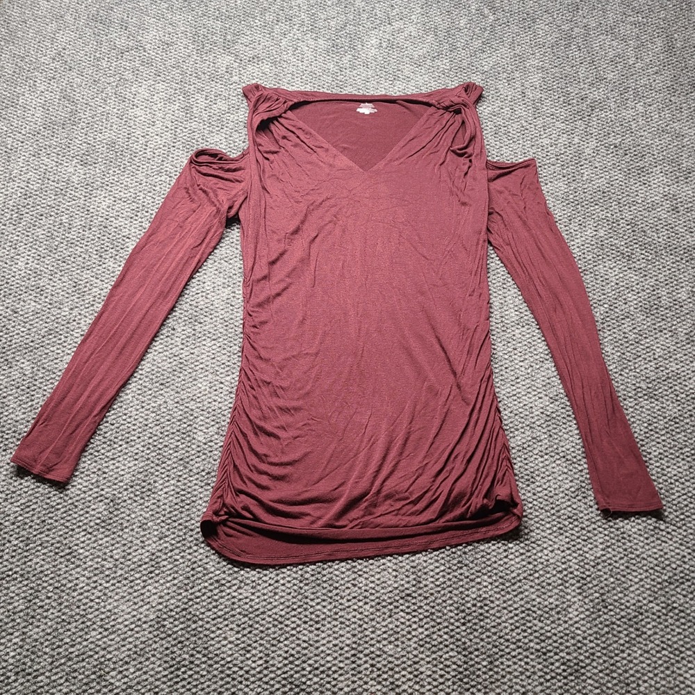 Jennifer Lopez Womens Burgundy Cold Shoulder Ruched Long Sleeve V-Neck Top Large